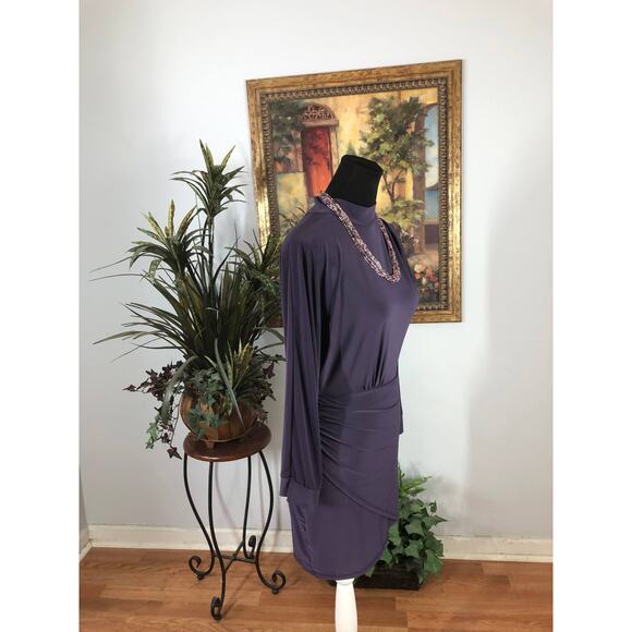 Olive Tree Bodycon Dress Women's Medium Purple Long Sleeve Ruched Stretchy - Picture 2 of 8
